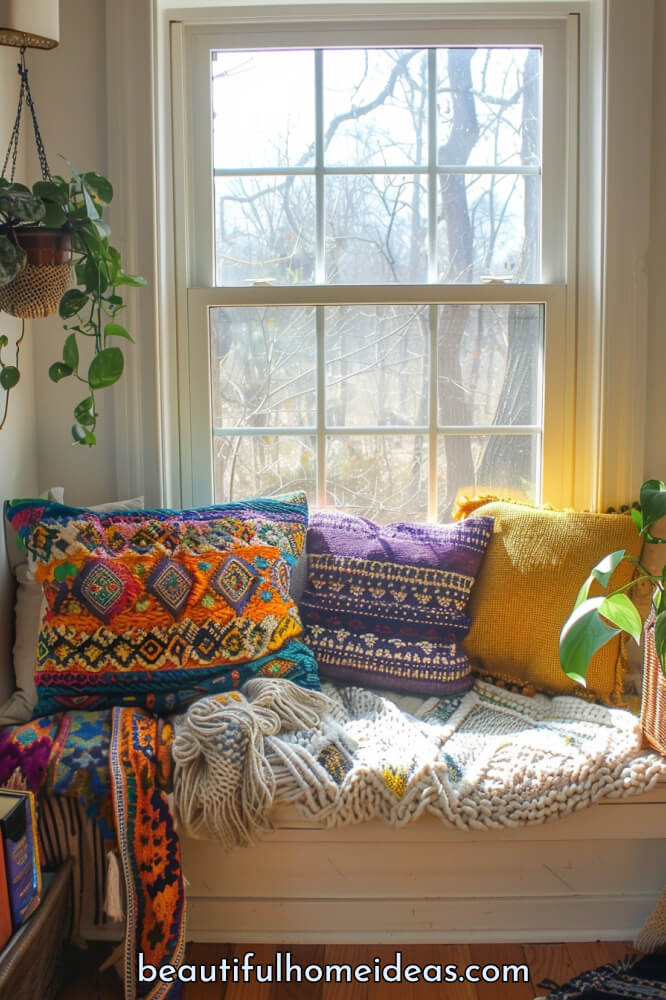 Cozy Boho Reading Nook Window Bench Idea