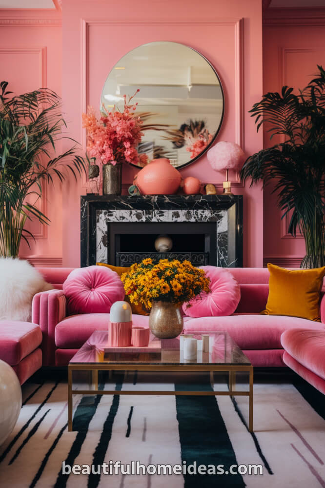 pink maximalist living room idea