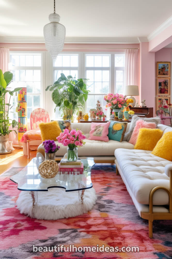 pink maximalist living room idea