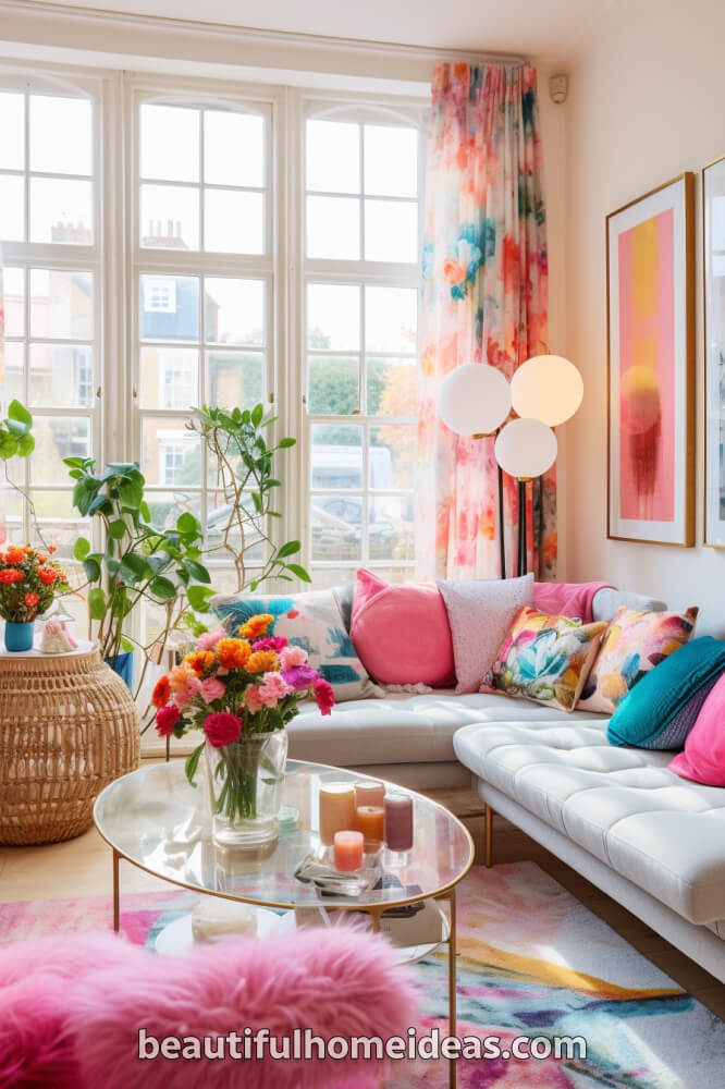 pink maximalist living room idea