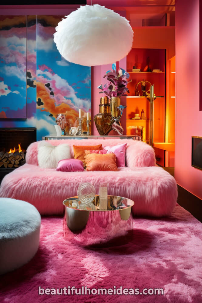 pink maximalist living room idea