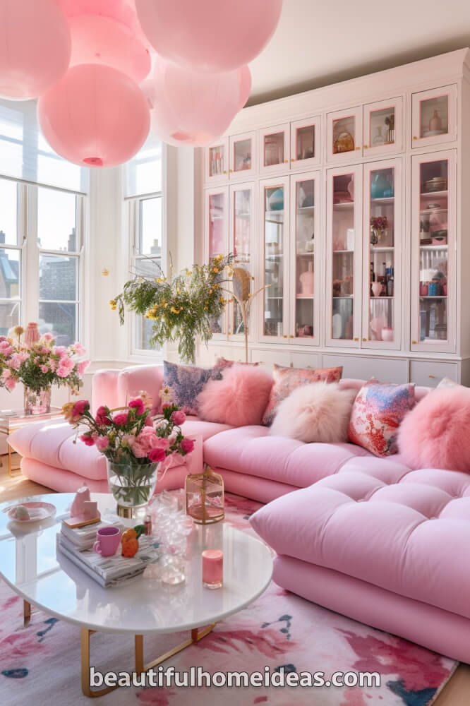 pink maximalist living room idea