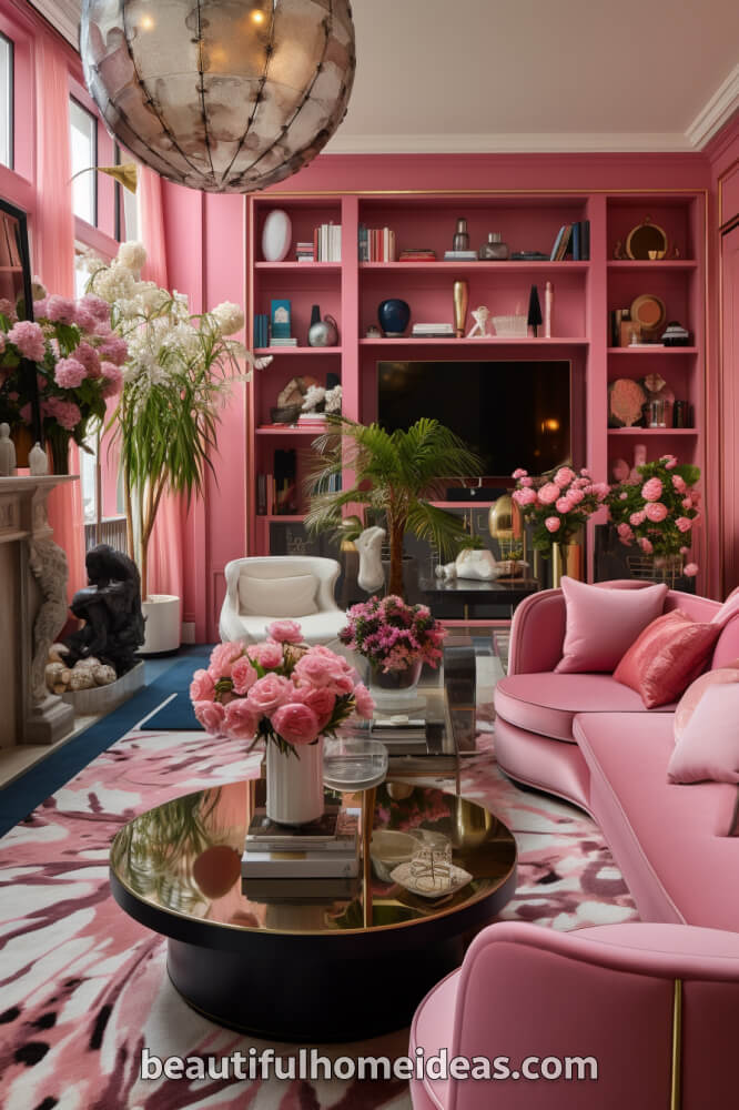 pink maximalist living room idea