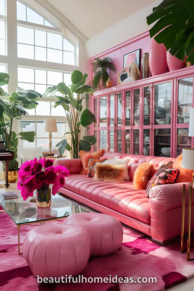 pink maximalist living room idea