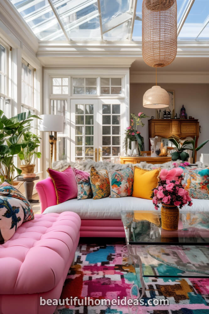 pink maximalist living room idea