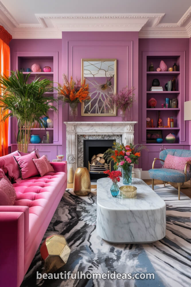 pink maximalist living room idea