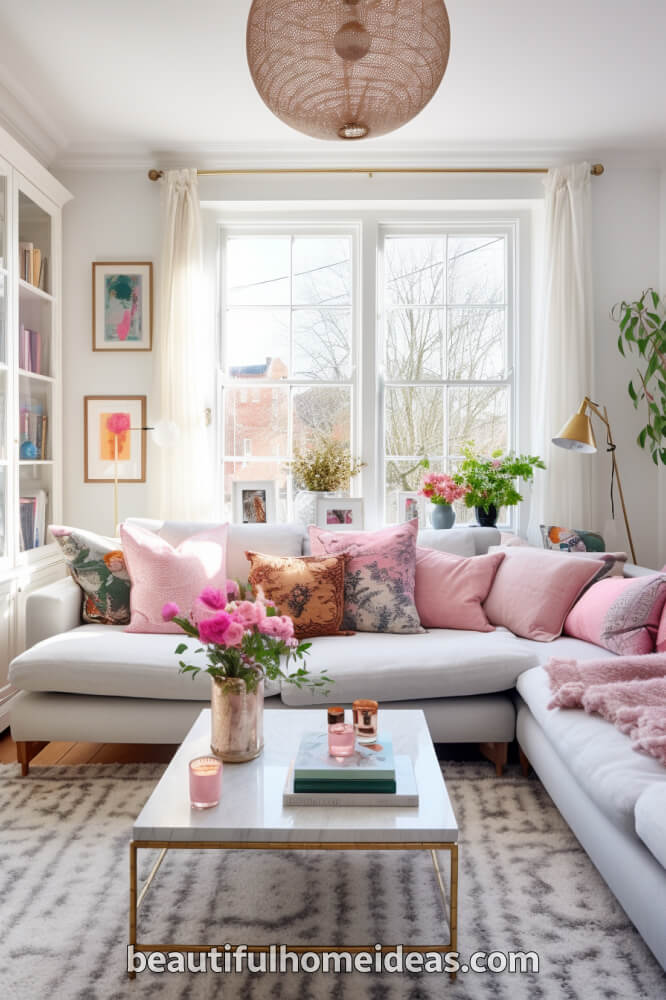 pink maximalist living room idea